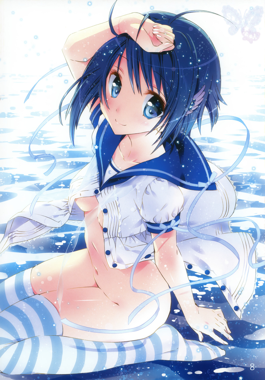 absurdres blue_eyes blue_hair bottomless breasts hair_ornament hairclip hands highres kamiya_maneki looking_at_viewer mahou_shoujo_madoka_magica medium_breasts miki_sayaka navel no_panties open_clothes open_shirt scan school_uniform serafuku shirt short_hair sitting smile solo striped striped_legwear thighhighs underboob wariza