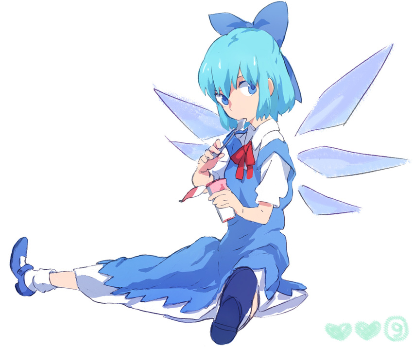 1girl blue_eyes blue_hair bow cirno dress food hair_bow holding holding_spoon mary_janes mitosa shoes short_hair sitting solo spoon touhou wings