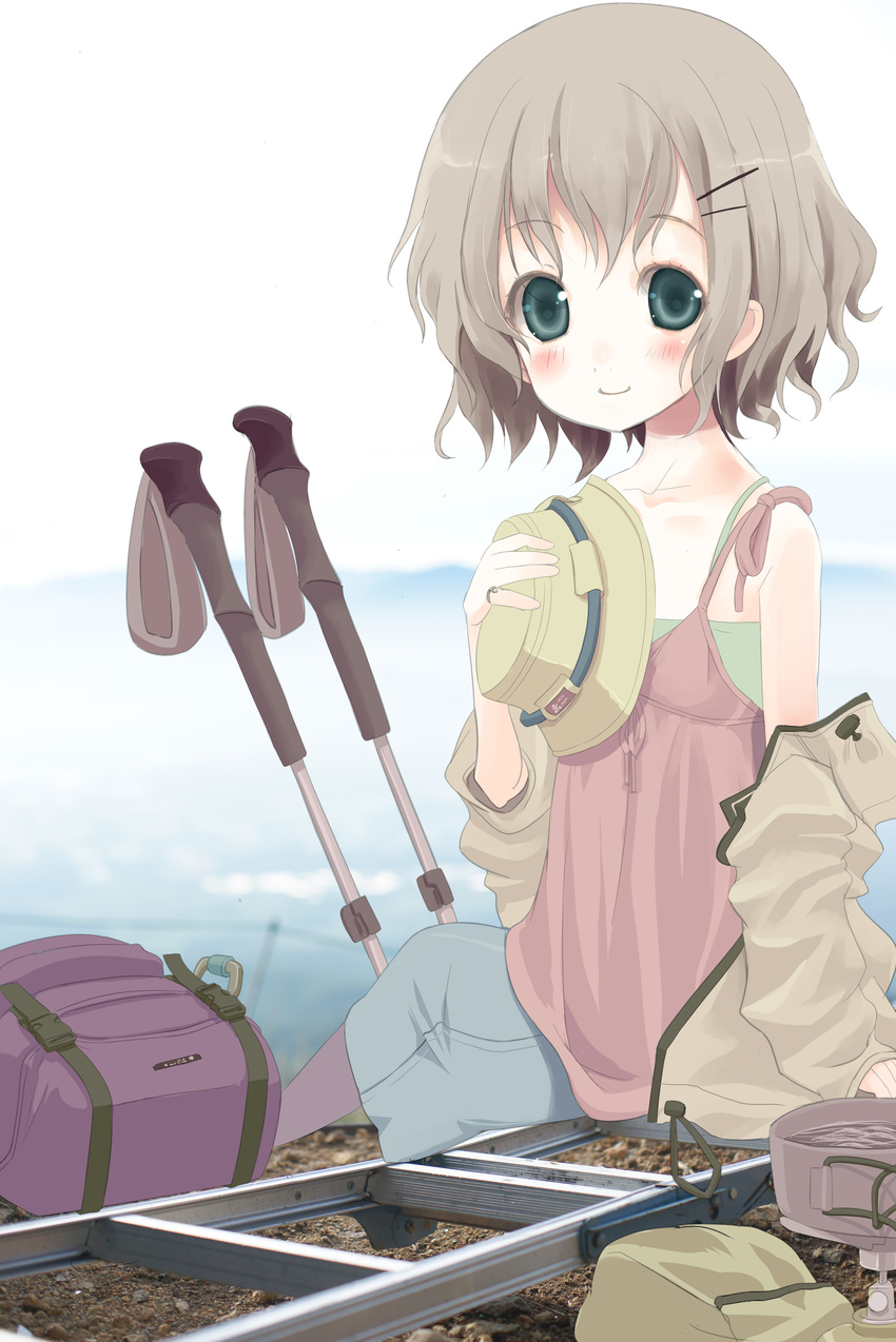 absurdres backpack bag bangs bare_shoulders black_legwear blush eyebrows_visible_through_hair green_eyes grey_hair hair_ornament hairclip hat hat_removed headwear_removed highres holding holding_hat jewelry ladder official_art portable_stove ring shiro_(octet) short_hair sitting skirt sleeveless smile solo trekking_pole wavy_hair yama_no_susume yukimura_aoi