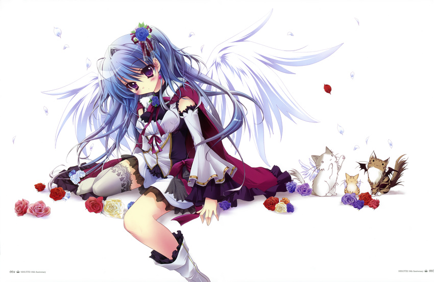 absurdres animal blue_flower blue_hair blue_rose blush boots cape cat cat_tail copyright_request dress earrings flower hair_flower hair_ornament highres izumi_tsubasu jewelry lace lace-trimmed_thighhighs long_hair petals pink_flower pink_rose purple_eyes purple_flower purple_rose red_flower red_rose ribbon rose rose_petals single_thighhigh solo tail thighhighs white_flower white_legwear white_rose wings