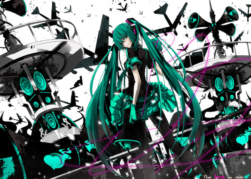 aircraft airplane b-2_spirit b-52_stratofortress bad_id bad_pixiv_id f-22_raptor fighter_jet gloves green_eyes green_hair hatsune_miku highres jet koi_wa_sensou_(vocaloid) long_hair looking_back megaphone military military_vehicle miruto_netsuki pantyhose skirt solo twintails very_long_hair vocaloid