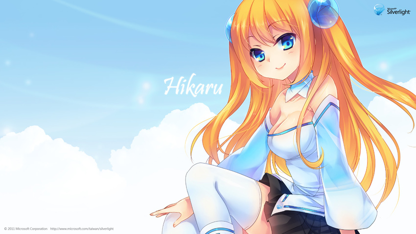 aizawa_hikaru blonde_hair blue_eyes breasts character_name cleavage detached_sleeves highres long_hair medium_breasts microsoft official_art silverlight solo thighhighs two_side_up zettai_ryouiki