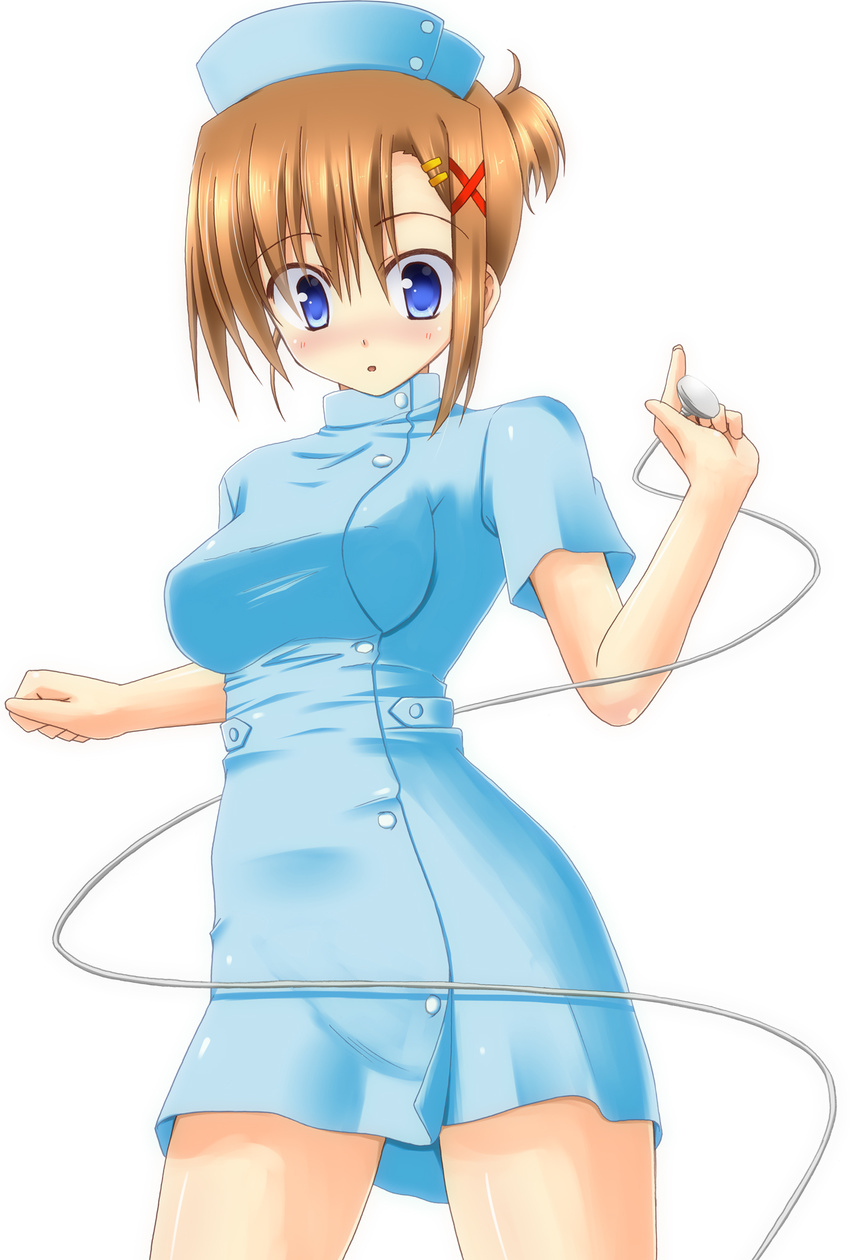 blue_eyes brown_hair hair_ornament hat highres lask looking_down lyrical_nanoha mahou_shoujo_lyrical_nanoha_strikers nurse nurse_cap short_hair side_ponytail solo stethoscope x_hair_ornament yagami_hayate