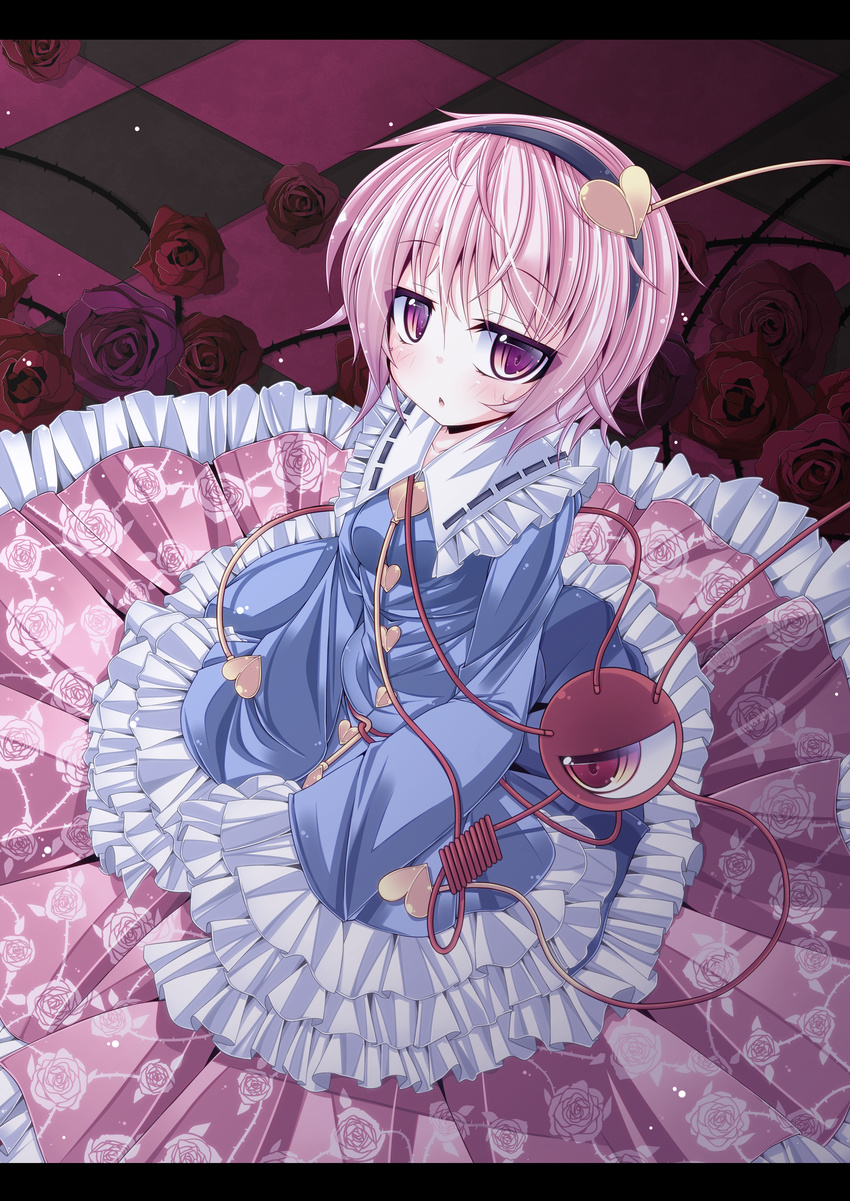 absurdres adapted_costume argyle argyle_background bad_revision buttons downscaled_revision eyeball flower frilled_skirt frills futase_hijiri hairband heart highres komeiji_satori letterboxed long_sleeves md5_mismatch open_mouth patterned pink_eyes pink_hair red_flower red_rose rose shirt short_hair skirt solo third_eye thorns touhou