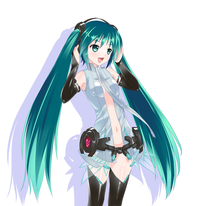 absurdres amino_kohaku arms_up bridal_gauntlets center_opening green_eyes green_hair hatsune_miku hatsune_miku_(append) headphones highres long_hair navel necktie open_mouth simple_background solo thighhighs twintails very_long_hair vocaloid vocaloid_append white_background