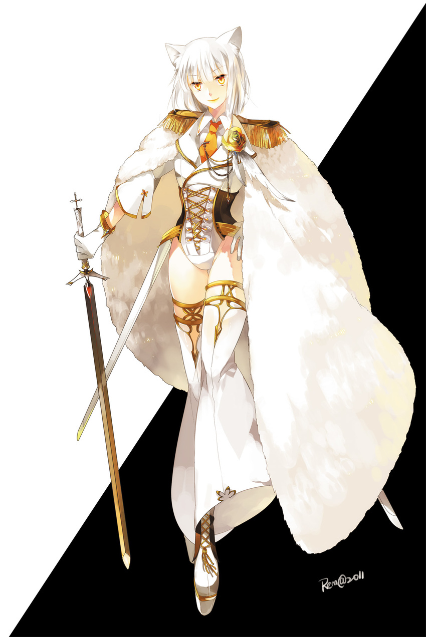 animal_ears bad_id bad_pixiv_id bellbottoms cape corset epaulettes feathers flower full_body highres leotard necktie occacia original rose shoes short_hair smile solo sword thighhighs weapon white white_background white_hair white_legwear yellow_eyes yellow_flower yellow_rose