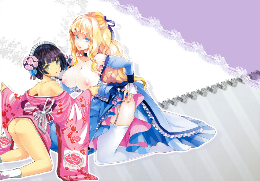 2girls alice_blanche ass black_hair blonde_hair breasts ikoku_meiro_no_croisee japanese_clothes kimono nipples nopan pyon-kti stockings thighhighs yune_(ikoku_meiro_no_croisee)