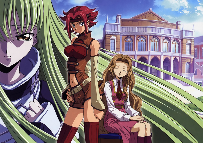 absurdres ashford_academy_uniform bangs bare_shoulders belt blue_eyes breasts brown_hair buckle c.c. code_geass contrapposto flipped_hair green_hair hand_on_hip headband highres kallen_stadtfeld kimura_takahiro large_breasts long_hair long_sleeves looking_at_viewer multiple_girls navel navel_cutout nunnally_lamperouge official_art red_hair scan short_hair sleeveless sleeveless_turtleneck standing thighhighs thighs turtleneck very_long_hair yellow_eyes yellow_legwear zettai_ryouiki