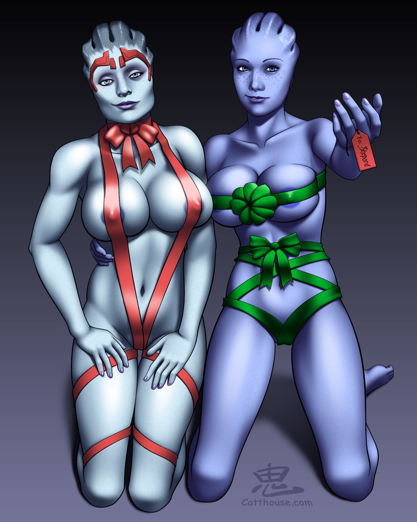 alien asari big_breasts bow_tie breasts christmas clothed clothing convenient_censorship female gift holidays inviting kneeling liara_t'soni looking_at_viewer mass_effect navel nipples nude oni oni_(artist) ribbons samara skimpy smile video_games xmas