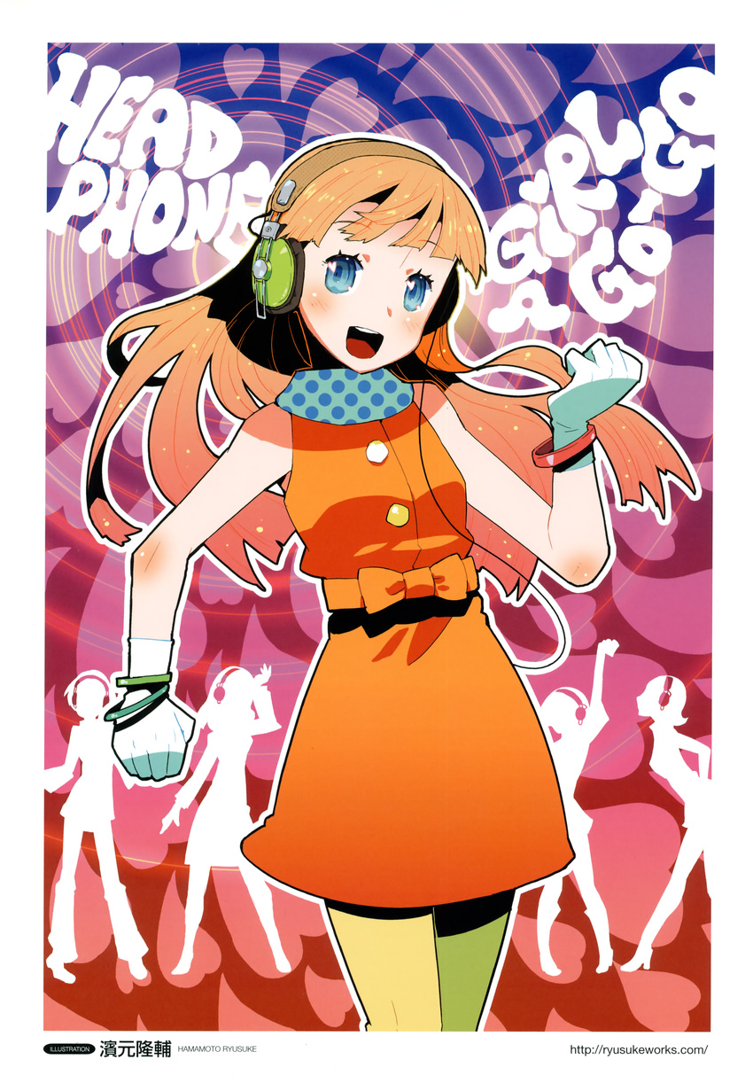 absurdres bangle bare_shoulders blue_eyes bracelet dancing gloves hamamoto_ryuusuke headphones highres jewelry listening_to_music orange_hair orange_skirt original panasonic_corporation pantyhose scan scarf skirt yellow_legwear