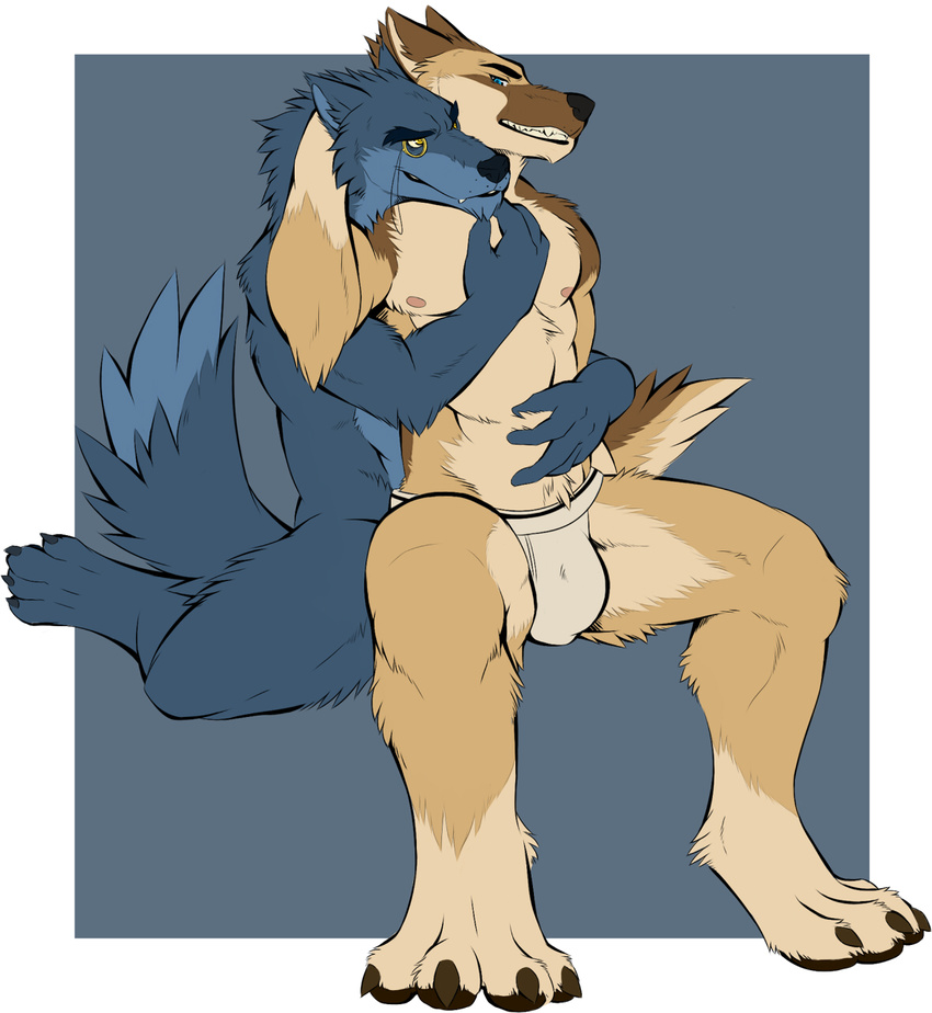 aluminemsiren anthro blue_eyes bulge canine clothed clothing dog duo eyewear fur gay german_shepherd half-dressed hug jockstrap male mammal monocle muscles nipples nude pan pecs smile topless trivol underwear wolf