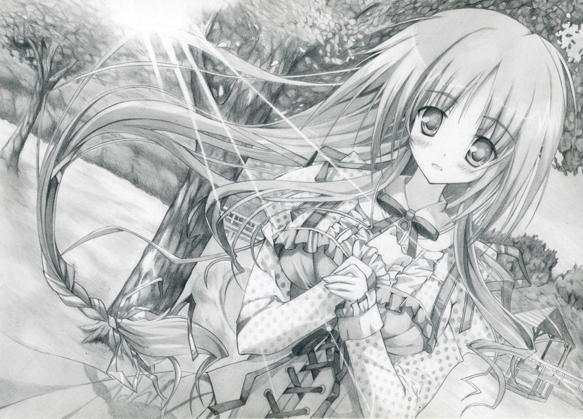 absurdres blush breasts highres hoshizora_e_kakaru_hashi long_hair medium_breasts monochrome rinsu solo toudou_tsumugi traditional_media very_long_hair