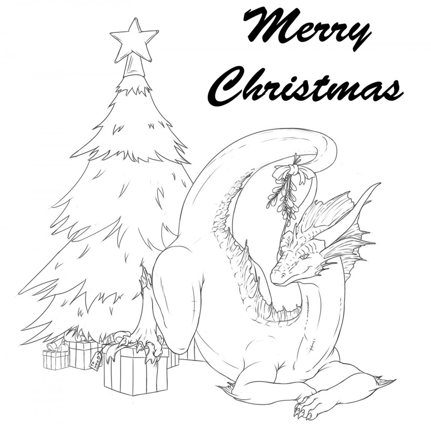 ambigious_gender black_and_white christmas dragon english_text feral holidays horn inviting mistletoe monochrome raised_tail redraptor16 solo tail text xmas