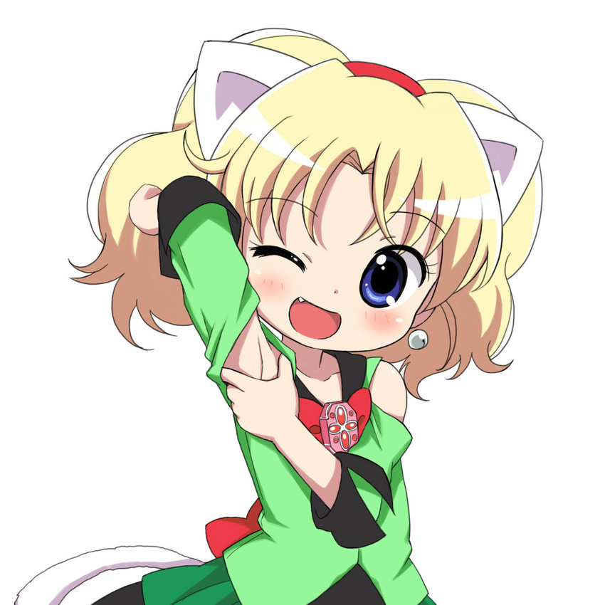 1girl ;d animal_ears arm_up armpits bare_shoulders blonde_hair blue_eyes blush body_blush bow bust cat_ears cat_tail child collarbone dress earrings fake_animal_ears fang female hairband head_tilt highres jewel_pet_tinkle jewelpet_(series) jewelpet_tinkle jewelpet_twinkle jewelry lasto loli looking_at_viewer miria_marigold_mackenzie one_eye_closed open_mouth sexual_harasho shiny shiny_hair short_hair showing_armpits simple_background smile solo standing tail upper_body white_background wink