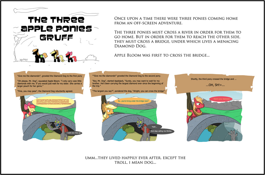 applebloom_(mlp) applejack_(mlp) big_macintosh_(mlp) blonde_hair bridge bush canine comic cub cutie_mark death diamond_dog_(mlp) diamond_dogs_(mlp) dog english_text equine eyes_closed female feral friendship_is_magic green_eyes hair horse male mammal mountain my_little_pony outside pony red_hair river rock story tail text tom_(mlp) tree unknown_artist water wood young