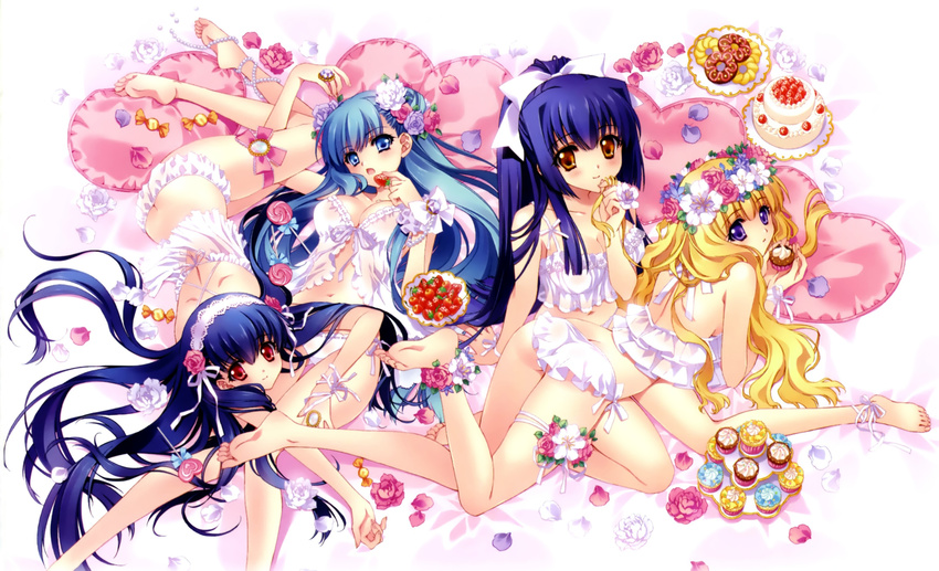 blonde_hair bra carnelian flowers food kawakabe_momoka kuraki_suzuna lilith_(yami_to_boushi_to_hon_no_tabibito) long_hair moonlight_lady panties para-sol purple_hair scan touka_gettan underwear yami_to_boushi_to_hon_no_tabibito yatabe_noa