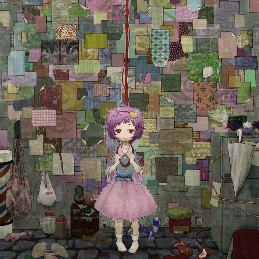 abstract_background argyle asa_no_ha_(pattern) bag barber_pole blue_flower blue_rose blue_shirt bound bowl buttons cable can circle clenched_hands crack cupboard daruma_doll electric_socket eyes fan flat_chest floor flower food fork gloves hairband hands_on_own_chest heart hexagon highres holding indoors jar kanji knife komeiji_satori looking_at_viewer mailbox_(incoming_mail) matryoshka_doll meat mouse noose package paper photo_(object) pink_hair plastic_bag plug red_bull red_eyes refrigerator rice rice_bowl rope rose sad seigaiha shippou_(pattern) shirt short_hair short_ponytail side_ponytail skirt smile socks solo spoon standing star suicide teapot tied_up touhou umbrella wall when_you_see_it white_legwear wing_collar zo_tuite