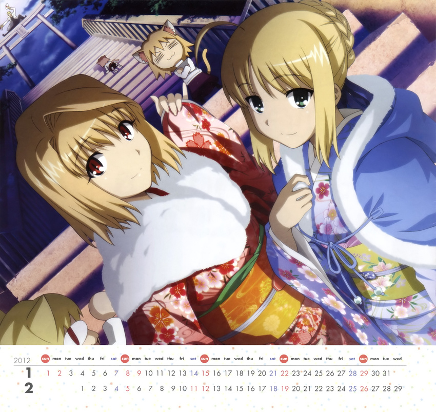 2012 2girls absurdres ahoge arcueid_brunestud artoria_pendragon_(all) blonde_hair braid calendar_(medium) carnival_phantasm dutch_angle fate/stay_night fate_(series) february french_braid fur_collar fur_trim gilgamesh green_eyes highres january japanese_clothes kimono morita_kazuaki multiple_girls nekoarc nekoarc_bubbles nekoarc_destiny obi official_art red_eyes saber sash stairs temple_gate tsukihime type-moon