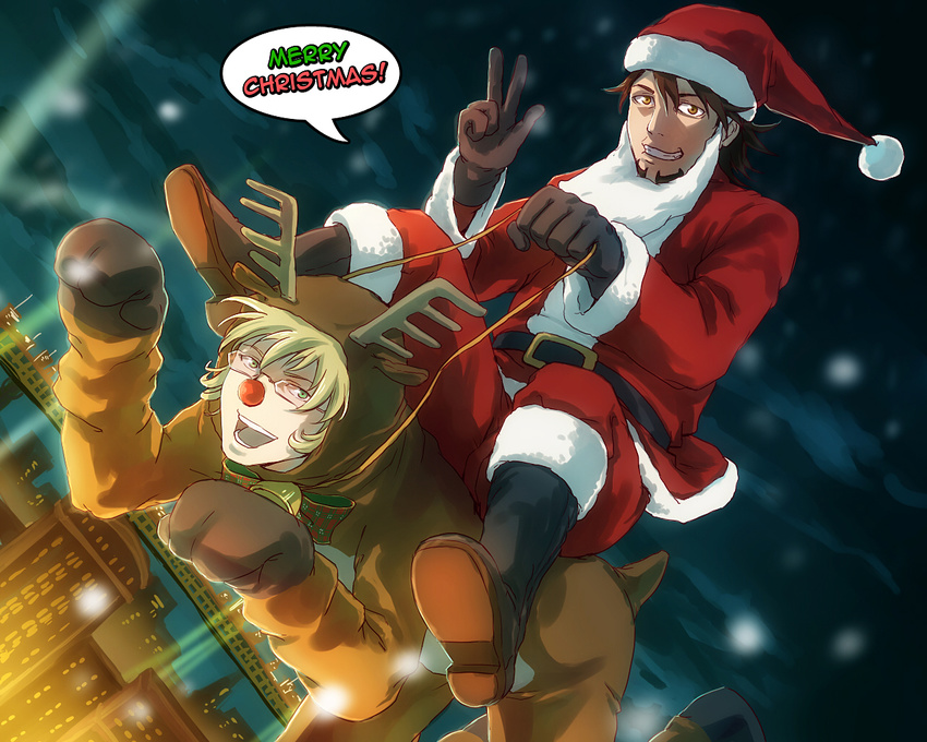 animal_costume bad_id bad_pixiv_id barnaby_brooks_jr bell blonde_hair boots brown_eyes brown_hair christmas facial_hair glasses gloves green_eyes hat kaburagi_t_kotetsu male_focus merry_christmas multiple_boys reducto reindeer_costume reins riding rubber_nose santa_costume santa_hat sitting sitting_on_person stubble tiger_&amp;_bunny v