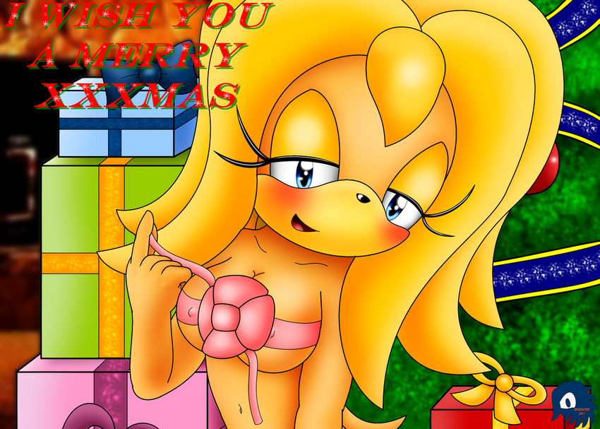 big_breasts bigdon1992 blue_eyes blush breasts christmas echidna female gift hair holidays jessica looking_at_viewer original_character sega solo sonic_(series) sweet the xmas