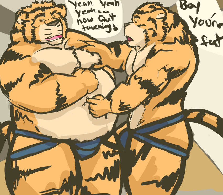 belly chubby dialog dialogue duo embarrassed feline fundoshi fur galvinwolf jockstrap loincloth male mammal orange orange_fur overweight poke text tiger underwear