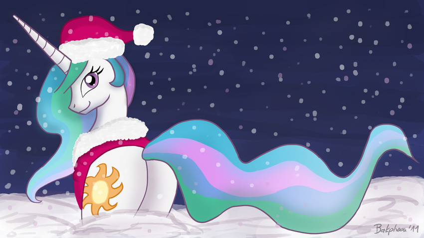 alicorn christmas coat cutie_mark equine female feral friendship_is_magic hat holidays horn horse mammal my_little_pony pegacorn pony princess_celestia_(mlp) santa_hat smile snow solo unicorn wings