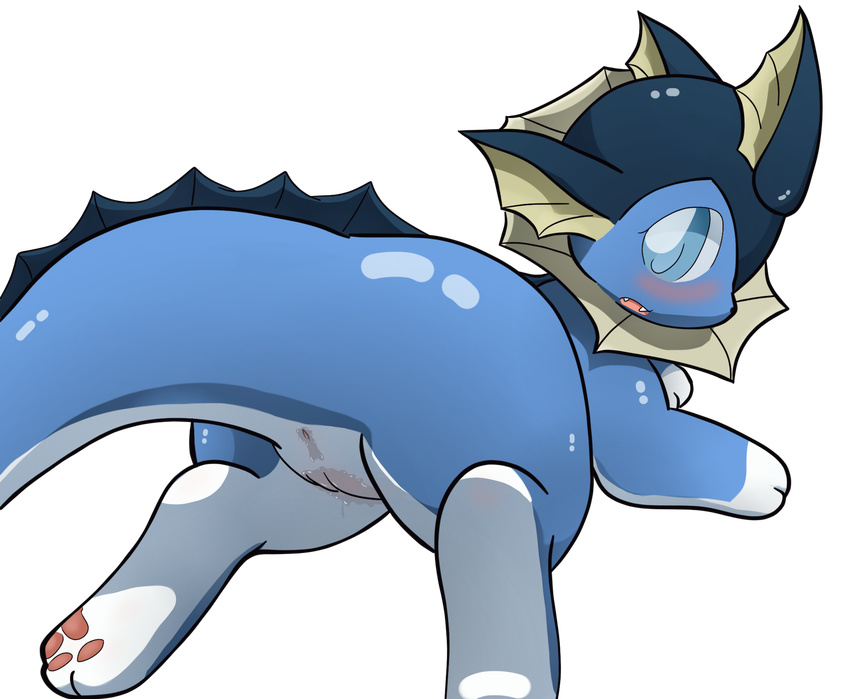 alpha_channel anus blue_eyes blush butt dripping eeveelution eeveelutions female feral hi_res looking_back nintendo nude pawpads plain_background pok&#233;mon pokemon pussy pussy_juice solo transparent_background unknown_artist vaporeon video_games