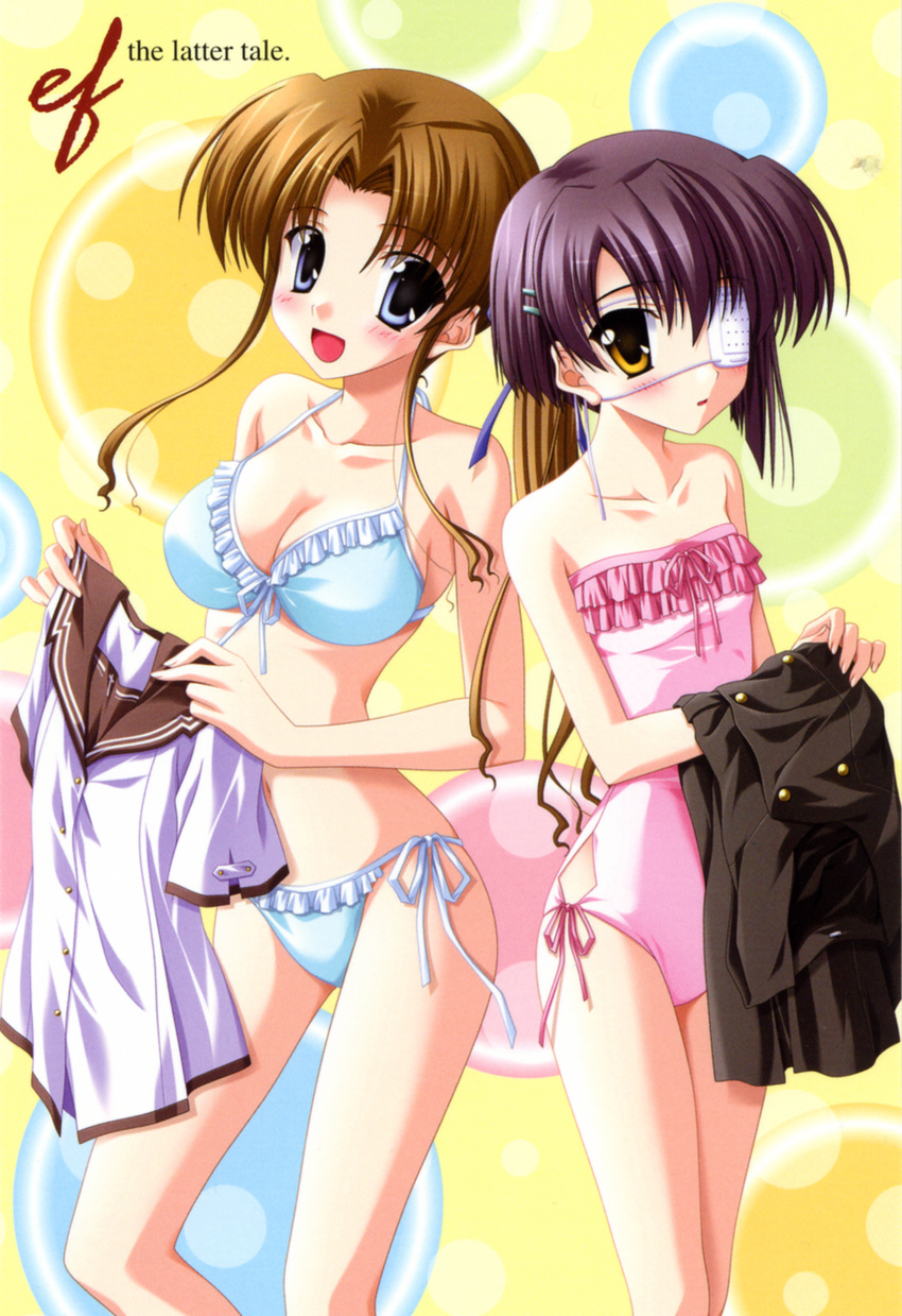 bikini blue_eyes blush breasts brown_hair cleavage ef eyepatch flat_chest frilled_bikini frills front-tie_top hair_ornament hairclip hayama_mizuki highres large_breasts long_hair multiple_girls nanao_naru one-piece_swimsuit open_mouth ponytail purple_hair ribbon scan school_uniform shindou_chihiro short_hair side-tie_bikini swimsuit yellow_eyes