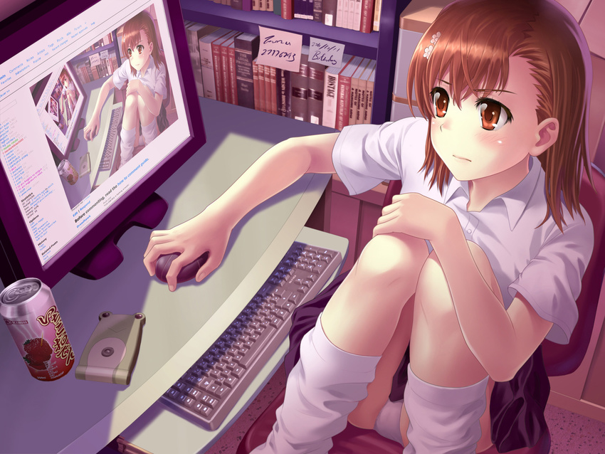 blush brown_eyes brown_hair computer danbooru_(site) english highres leg_warmers meta misaka_mikoto misakamitoko0903 monitor mouse panties pantyshot pantyshot_(sitting) profanity recursion short_hair sitting solo to_aru_kagaku_no_railgun to_aru_majutsu_no_index underwear