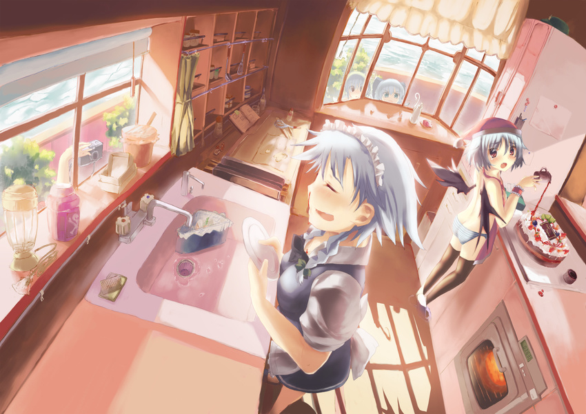 apron bat_wings black_legwear blender blood blue_eyes blue_hair blush bow braid bush cabinet cake camera cirno cup cupboard daiyousei dish dishwashing dishwashing_soap dutch_angle fang faucet floating floating_object floor food green_hair ha_ru hair_bow hair_ribbon hands hat highres holding ice ice_wings izayoi_sakuya kitchen ladle lavender_hair looking_back maid maid_headdress mat multiple_girls nearly_naked_apron nosebleed open_mouth oven panties paparazzi peeping perspective pouring red_eyes remilia_scarlet ribbon shadow shameimaru_aya shelf short_hair side_ponytail silver_hair sink sinkhole skull_and_crossbones smile spatula standing striped striped_panties tears thighhighs tissue tissue_box touhou twin_braids underwear water_drop window window_shade wings wrist_cuffs