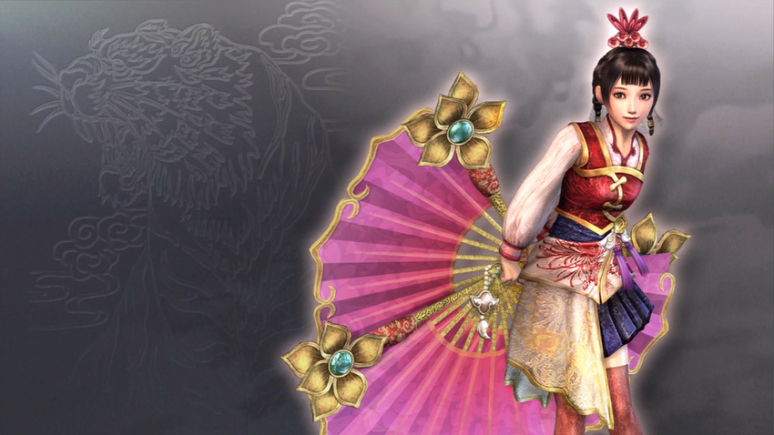 1girl da_qiao fan folding_fan koei official_art pleated_skirt shin_sangoku_musou skirt solo