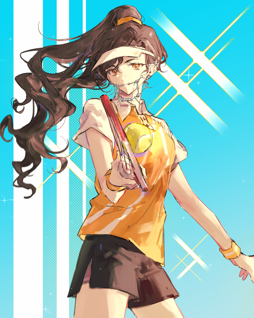 1girl ball black_shorts blue_background braces brown_hair closed_mouth collared_shirt cowboy_shot dolphin_shorts highres holding_tennis_racket long_hair official_alternate_costume orange_eyes orange_shirt ponytail racket rang_wo_zai_shui_10_fenzhong reverse:1999 shirt short_sleeves shorts solo sparkle tennis_ball tennis_racket tooth_fairy_(ace_through_the_bagel)_(reverse:1999) tooth_fairy_(reverse:1999) visor_cap white_headwear