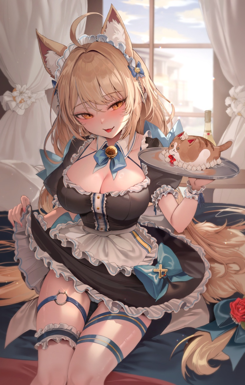 1girl absurdres ahoge animal_ears bell blonde_hair blurry blurry_background bow breasts cake cameltoe cat_ears cat_o-ring cat_tail center_frills cleavage clothes_lift collarbone detached_collar dress fang food frilled_dress frills hair_bow highres holding holding_tray indoors long_hair maid maid_headdress medium_breasts neck_bell o-ring o-ring_thigh_strap open_mouth orange_eyes original panties pantyshot puffy_short_sleeves puffy_sleeves short_sleeves sitting skirt skirt_lift slit_pupils smile solo square_neckline swept_bangs tail thigh_gap thigh_strap tongue tongue_out tray underwear very_long_hair zerocat