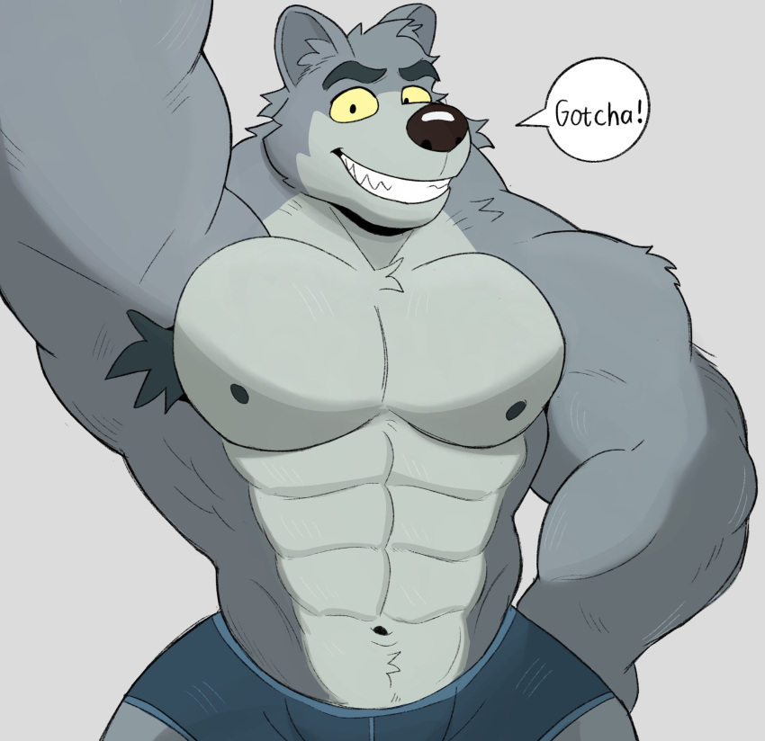 abs anthro armpit_hair body_hair canid canine canis cartoon_network clothed clothing english_text eyebrows hi_res male mammal muscular muscular_anthro muscular_male navel pecs ruffusbleu simple_background solo speech_bubble teeth text topless topless_anthro topless_male we_baby_bears we_bare_bears wolf wolf_(we_baby_bears) yellow_sclera