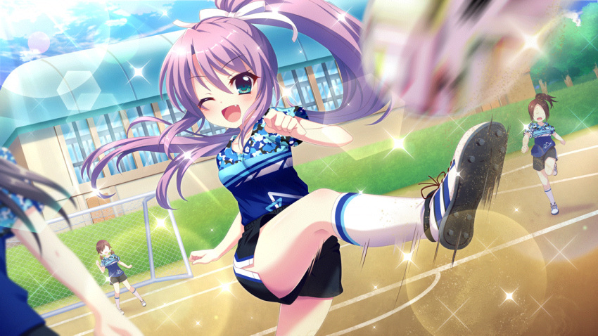 4girls ;d ball black_shorts blue_eyes blue_shirt blue_sky breasts brown_hair building cleats cloud day dot_nose dutch_angle faceless faceless_female fang film_grain fist_pump game_cg goal goalkeeper high_ponytail izumi_tsubasu kicking lens_flare long_hair motion_blur multiple_girls non-circular_lens_flare non-web_source official_art one_eye_closed outdoors playing_sports purple_hair re:stage! ribbon running shirt shoes shorts sky small_breasts smile soccer_ball soccer_field soccer_uniform socks solo_focus sparkle speed_lines sportswear sunlight tree tsukisaka_sayu white_footwear white_ribbon white_socks