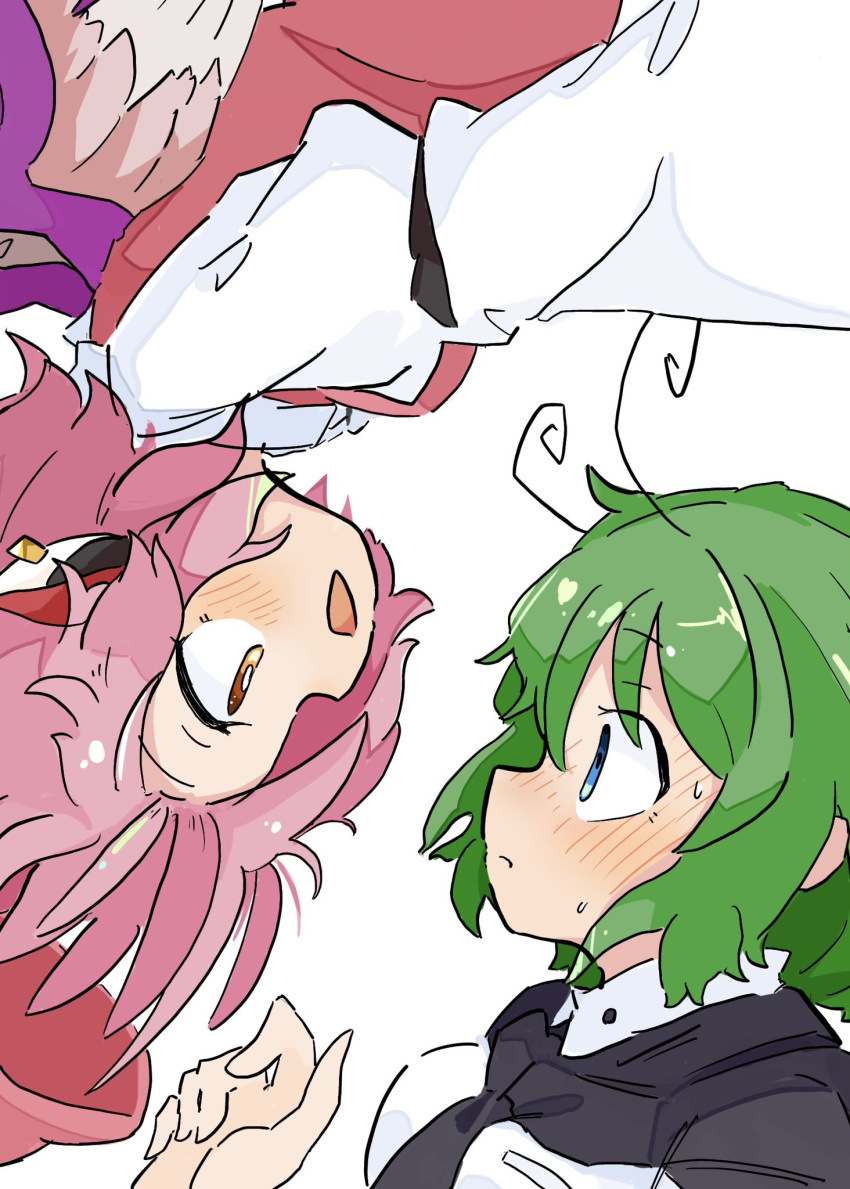 2girls animal_ears antennae bird_ears bird_wings blue_eyes blush brown_dress brown_headwear brown_wings closed_mouth collared_shirt cropped dress hat highres long_sleeves multiple_girls mystia_lorelei open_mouth pink_hair shirt short_hair simple_background smile tatutaniyuuto touhou white_background white_shirt winged_hat wings wriggle_nightbug yellow_eyes