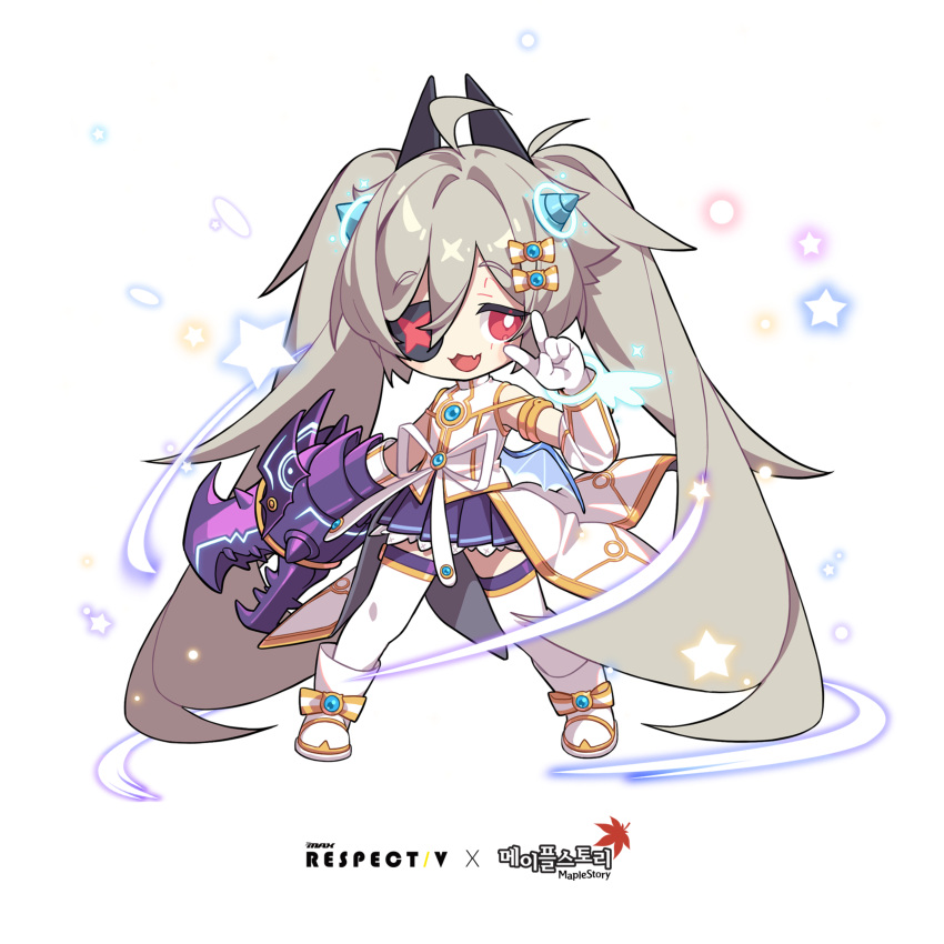 1girl absurdres ahoge chibi djmax eyepatch fail_(djmax) gloves grey_hair hair_ornament highres long_hair mamo_c non-web_source open_mouth red_eyes skirt smile solo star_(symbol) twintails