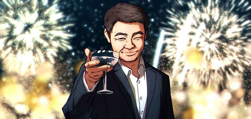 1boy black_hair business_suit commentary cup ddolbang dress_shirt drinking_glass fireworks highres holding holding_cup hololive jacket looking_at_viewer male_focus mature_male meme one_eye_closed shirt suit suit_jacket the_great_gatsby toasting_(gesture) upper_body white_shirt wine_glass wrinkled_skin yagoo