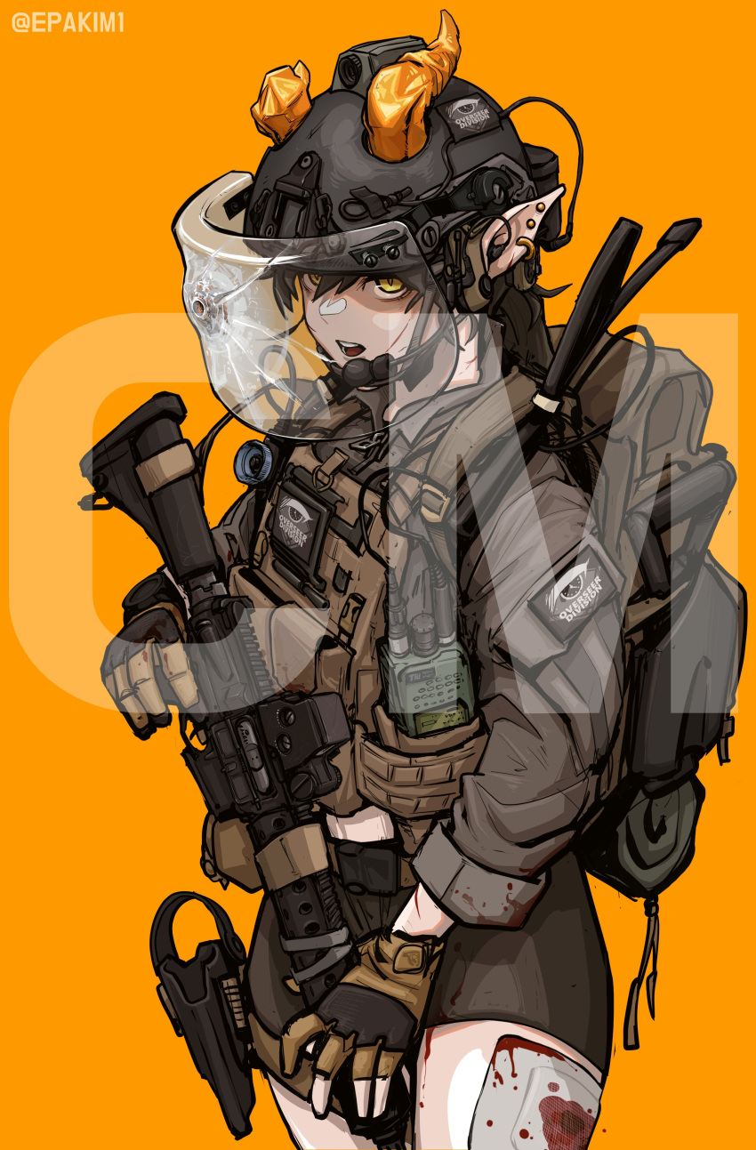 1girl absurdres ar-15 backpack bag bandage_on_leg belt black_hair blood earrings entrenching_tool epakim fingerless_gloves gloves gun helmet highres horns jewelry long_hair midriff original patch pointy_ears rifle shorts shoulder_patch sleeves_rolled_up solo walkie-talkie weapon yellow_eyes