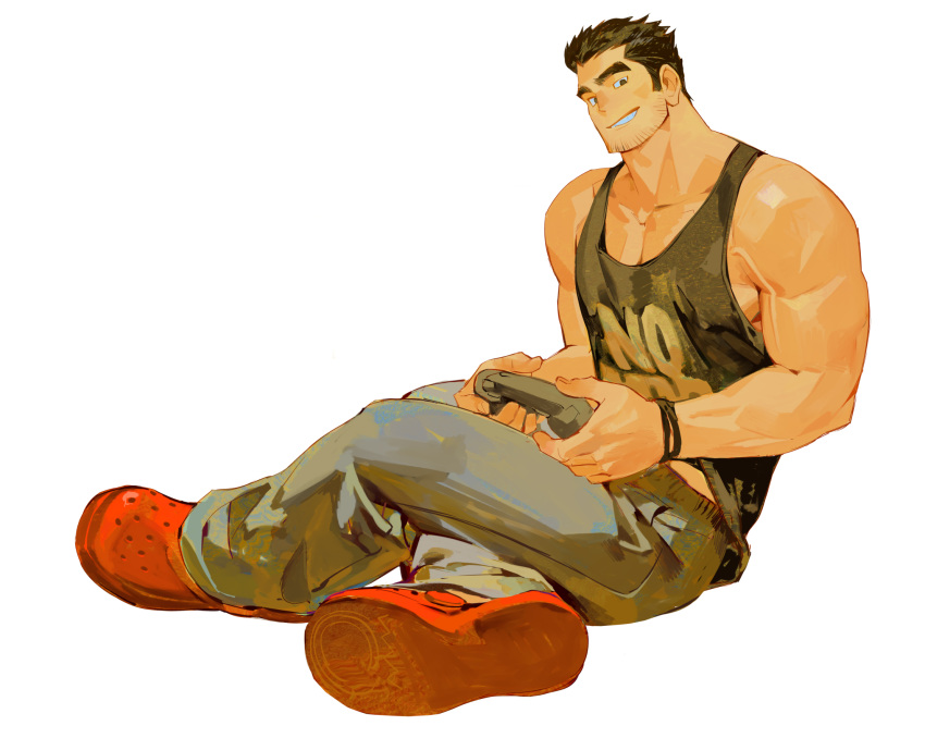 1boy bara beard_stubble black_hair black_tank_top crocs crossed_legs handheld_game_console head_tilt highres holding holding_handheld_game_console horikwawataru huge_eyebrows large_pectorals looking_at_viewer lucas_lee male_focus midriff_peek muscular muscular_male pants pectoral_cleavage pectorals scott_pilgrim_(series) scott_pilgrim_takes_off seductive_smile short_hair sidepec sitting smile smirk solo tank_top veins veiny_arms white_background