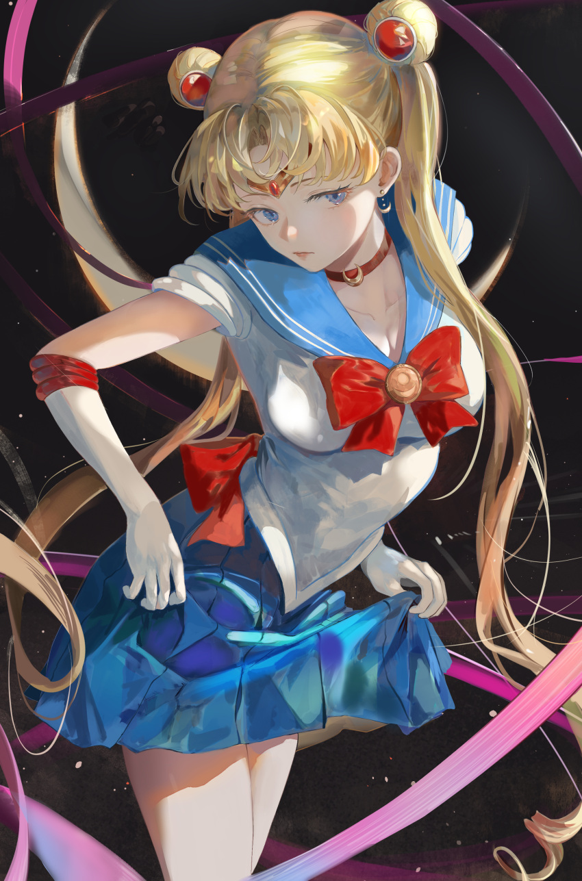 1girl absurdres bishoujo_senshi_sailor_moon blonde_hair blue_eyes blue_sailor_collar bow breasts choker cleavage crescent crescent_earrings double_bun earrings elbow_gloves gloves hair_bun heart heart_choker highres jenmin12 jewelry long_hair magical_girl medium_breasts pleated_skirt red_bow red_choker ribbon sailor_collar sailor_moon sailor_senshi sailor_senshi_uniform short_sleeves skirt tsukino_usagi twintails white_gloves