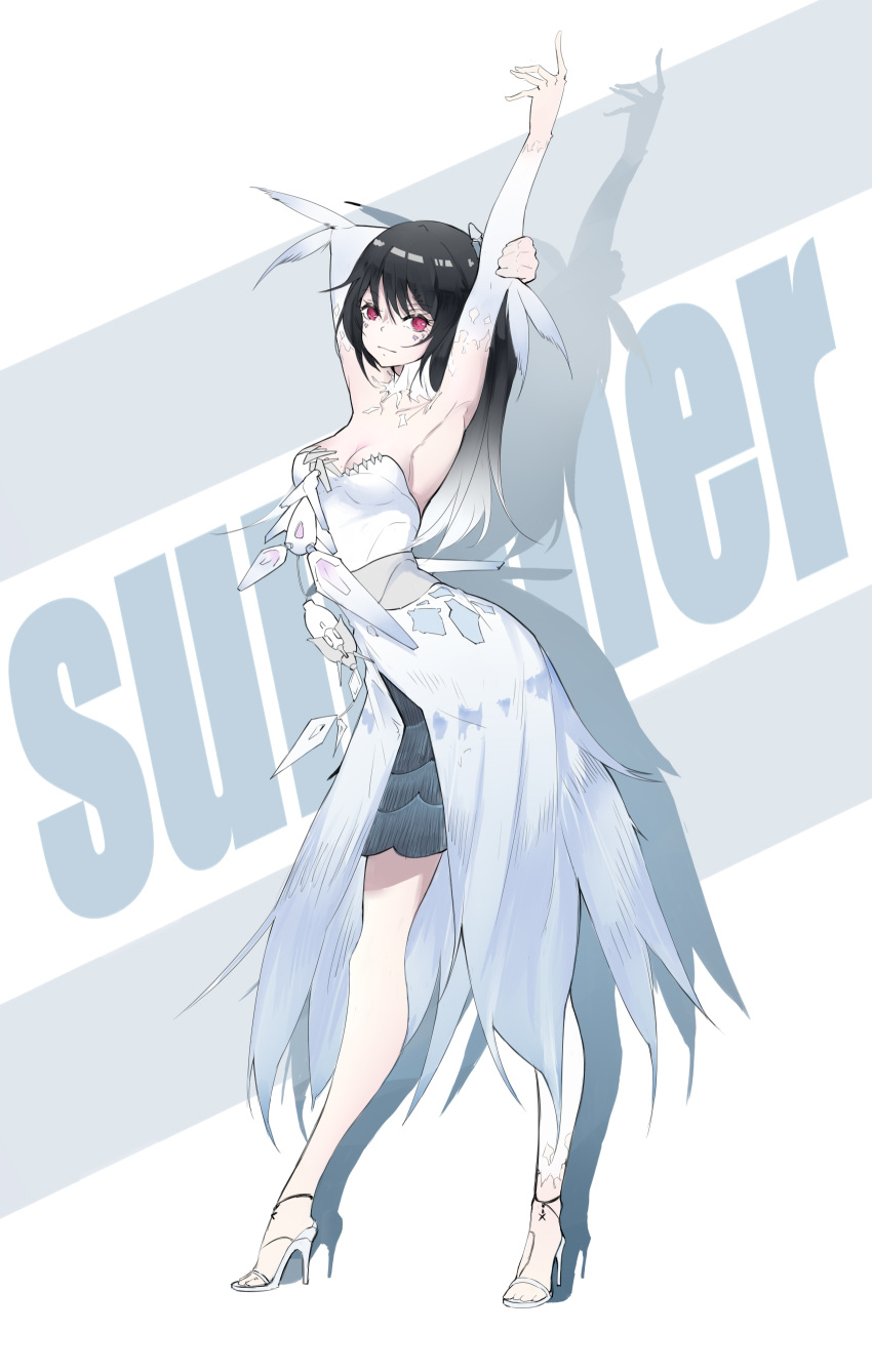 1girl absurdres bare_shoulders black_hair black_shirt breasts cdlo cleavage closed_mouth detached_sleeves dress gradient_hair high_heels highres long_hair long_sleeves looking_at_viewer lucia:_plume_(dance_of_ripplets)_(punishing:_gray_raven) lucia_(punishing:_gray_raven) multicolored_hair punishing:_gray_raven red_eyes sandals shirt single_thighhigh solo thighhighs white_dress white_hair white_thighhighs