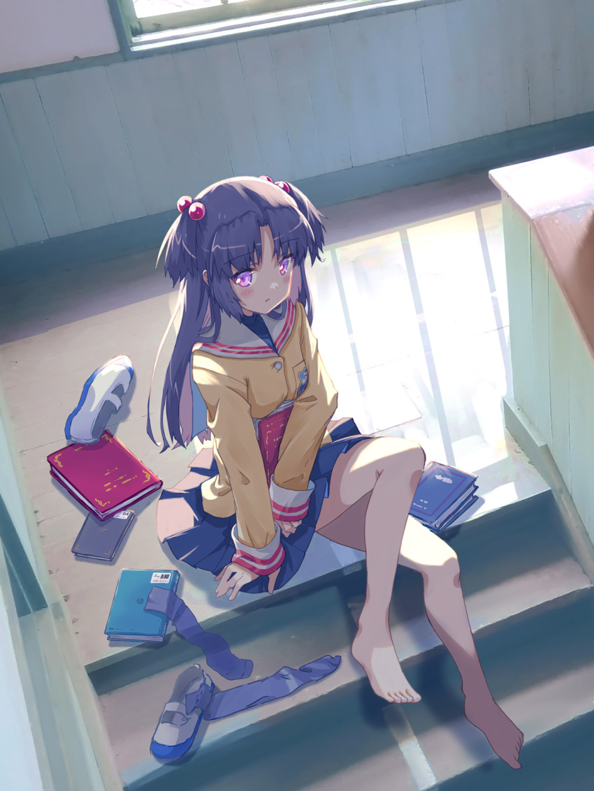 1girl akayama_yukihe backlighting bare_legs barefoot black_socks blue_hair blue_skirt blush book breast_hold breasts clannad commentary_request from_above full_body hair_bobbles hair_ornament highres hikarizaka_private_high_school_uniform holding holding_book ichinose_kotomi indoors jacket kneehighs knees_up long_hair long_sleeves looking_at_viewer mary_janes miniskirt parted_bangs parted_lips pleated_skirt purple_eyes sailor_collar school_uniform serafuku shoes sitting sitting_on_stairs skirt socks solo stairs toes two_side_up unworn_shoes unworn_socks white_footwear white_sailor_collar window yellow_jacket