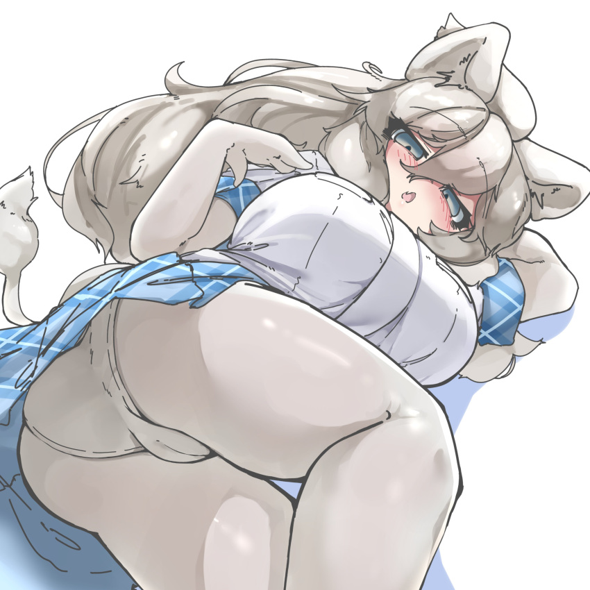 1girl absurdres animal_ears ass big_hair blue_eyes blush breasts cameltoe extra_ears gloves hair_between_eyes highres huge_breasts kemono_friends kemono_friends_3 lion_ears lion_girl lion_tail long_hair looking_at_viewer lying on_side open_mouth panties plaid_sleeves plaid_trim shirt short_sleeves skirt solo tail underwear urisaba white_hair white_lion_(kemono_friends)