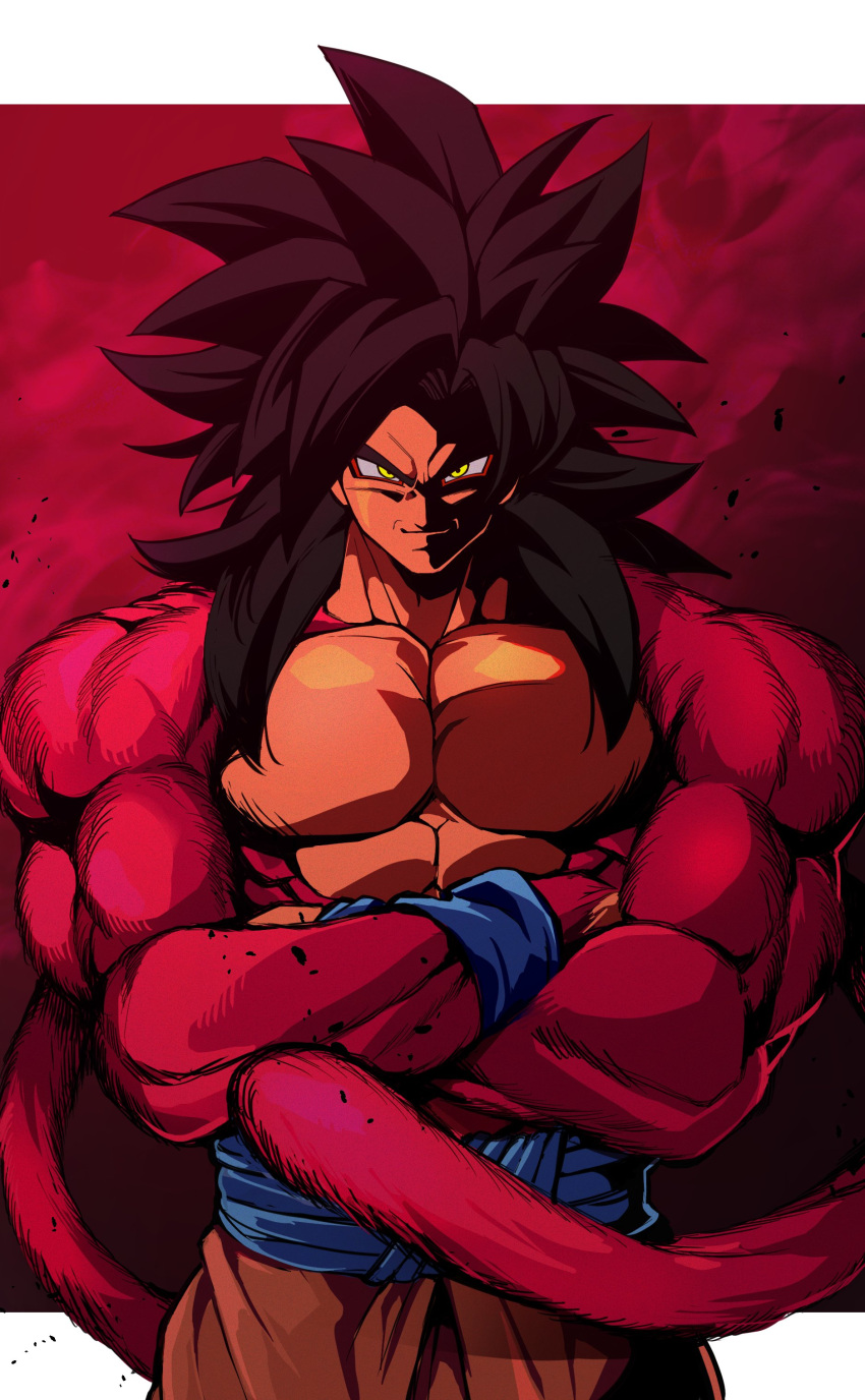 1boy absurdres biceps black_hair blue_sash blue_wristband body_fur crossed_arms dragon_ball dragon_ball_gt gigatan_d highres long_hair looking_at_viewer male_focus monkey_boy monkey_tail muscular muscular_male no_nipples pants pectorals red_fur saiyan sash solo son_goku spiked_hair super_saiyan super_saiyan_4 tail yellow_pants