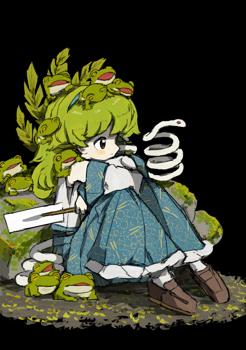 1girl absurdres black_eyes blue_skirt brown_footwear closed_mouth commentary_request crossed_arms detached_sleeves expressionless frilled_skirt frills frog_on_head frog_on_shoulder from_side full_body gohei green_hair highres holding holding_gohei knees_up kochiya_sanae long_hair neruzou on_ground shirt shoes sitting skirt snake solo too_many_frogs touhou white_shirt white_sleeves