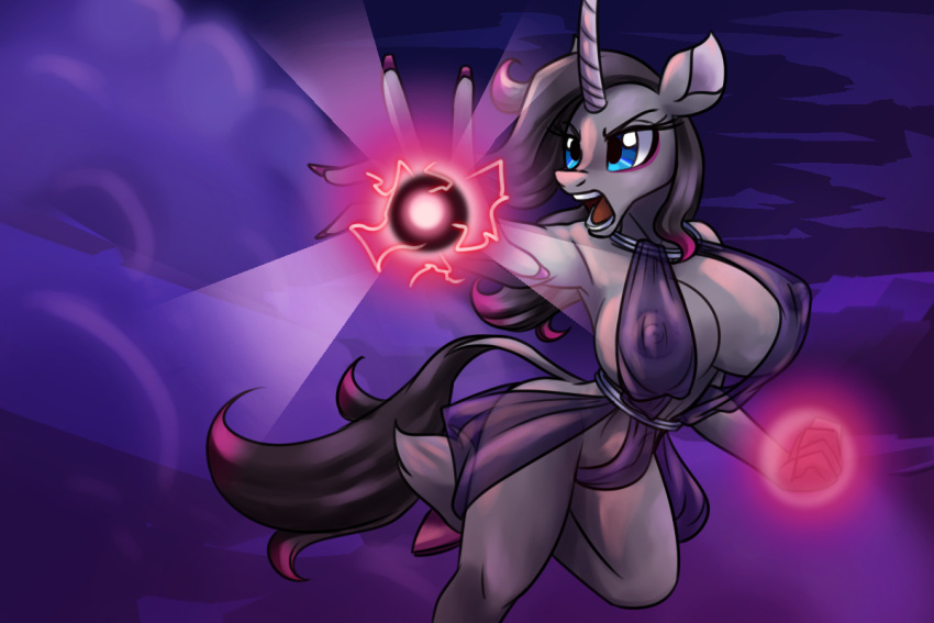 2023 3:2 5_fingers anthro anthrofied areola big_breasts black_hair black_tail breasts cleavage clothed clothing cloven_hooves digital_media_(artwork) dress equid equine female fingers fur grey_body grey_fur hair hooves horn magic mammal nipples oleander_(tfh) open_mouth purple_clothing solo tail them's_fightin'_herds thescornfulreptilian translucent translucent_clothing unguligrade_anthro unicorn