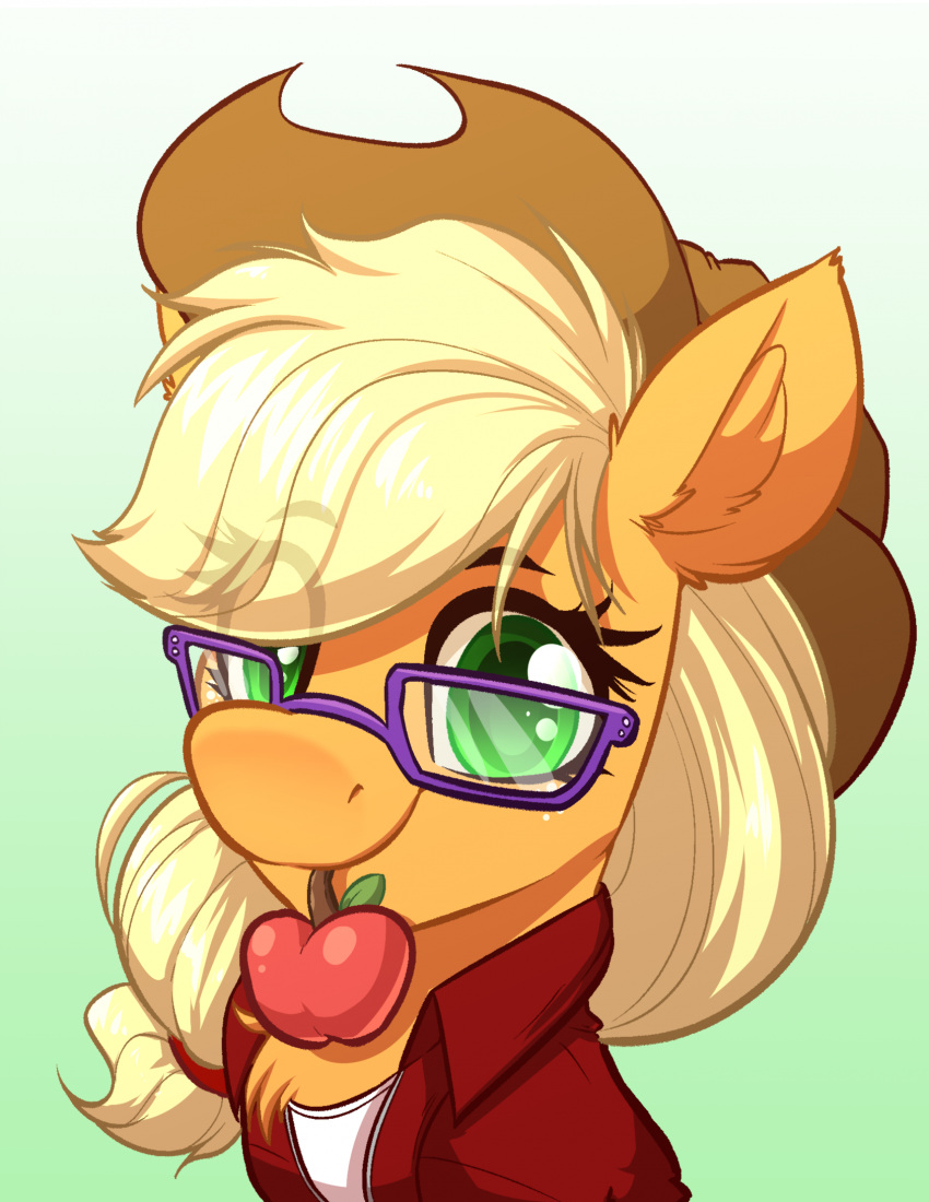 apple applejack_(mlp) blonde_hair clothing cowboy_hat earth_pony equid equine eyewear female food friendship_is_magic fruit fur glasses green_eyes hair hasbro hat headgear headwear hi_res hipster horse looking_at_viewer mammal my_little_pony orange_body orange_fur plant pony portrait shirt solo topwear witchtaunter