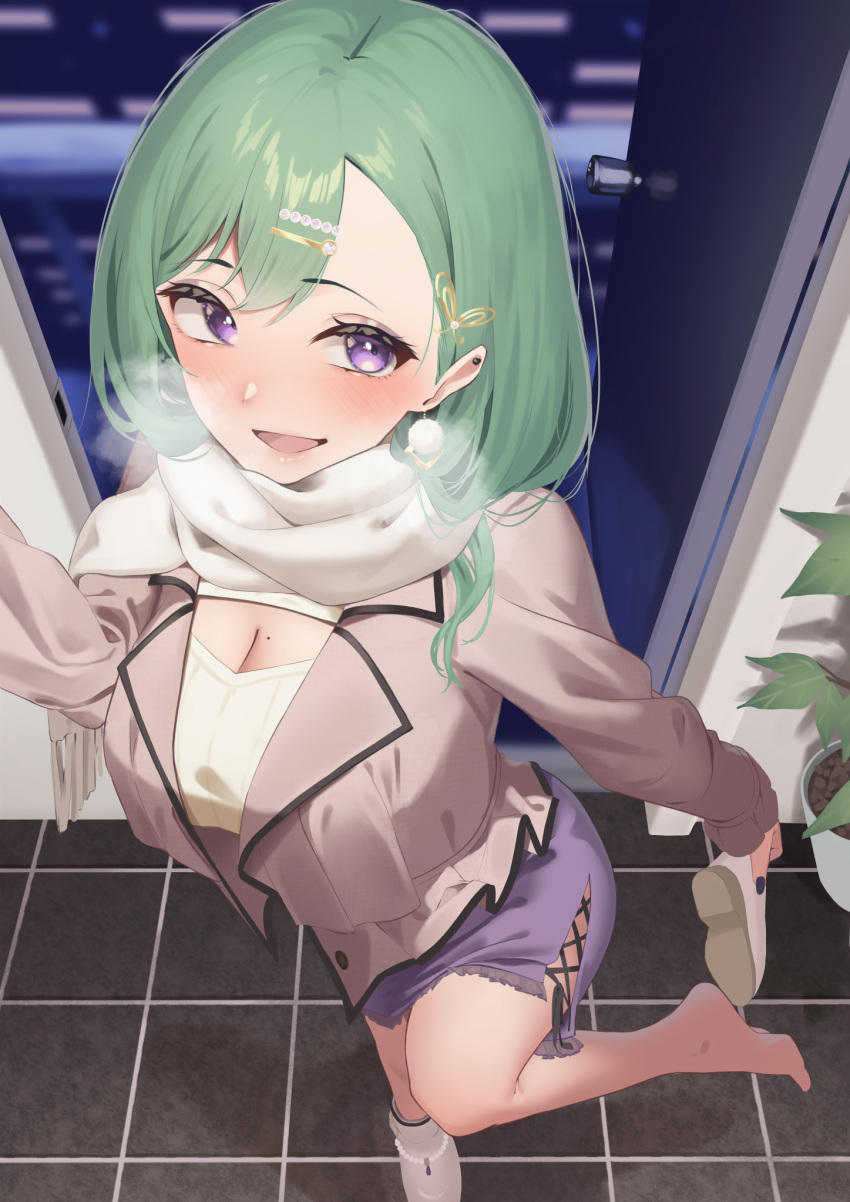 1girl bad_perspective barefoot blush breasts breath brown_coat cleavage cleavage_cutout clothing_cutout coat cross-laced_clothes cross-laced_skirt cross-laced_slit door doorway ear_piercing earrings foreshortening frilled_skirt frills green_hair hair_behind_ear hair_ornament hairclip highres jewelry komito_(komito5310) large_breasts long_hair looking_at_viewer meme_attire miniskirt mole mole_on_breast nose_blush open-chest_sweater open_clothes open_coat piercing pom_pom_(clothes) pom_pom_earrings purple_eyes purple_nails purple_skirt removing_shoes scarf skirt solo standing standing_on_one_leg sweater virtual_youtuber vspo! white_footwear white_scarf white_sweater winter yakumo_beni yakumo_beni_(3rd_costume)