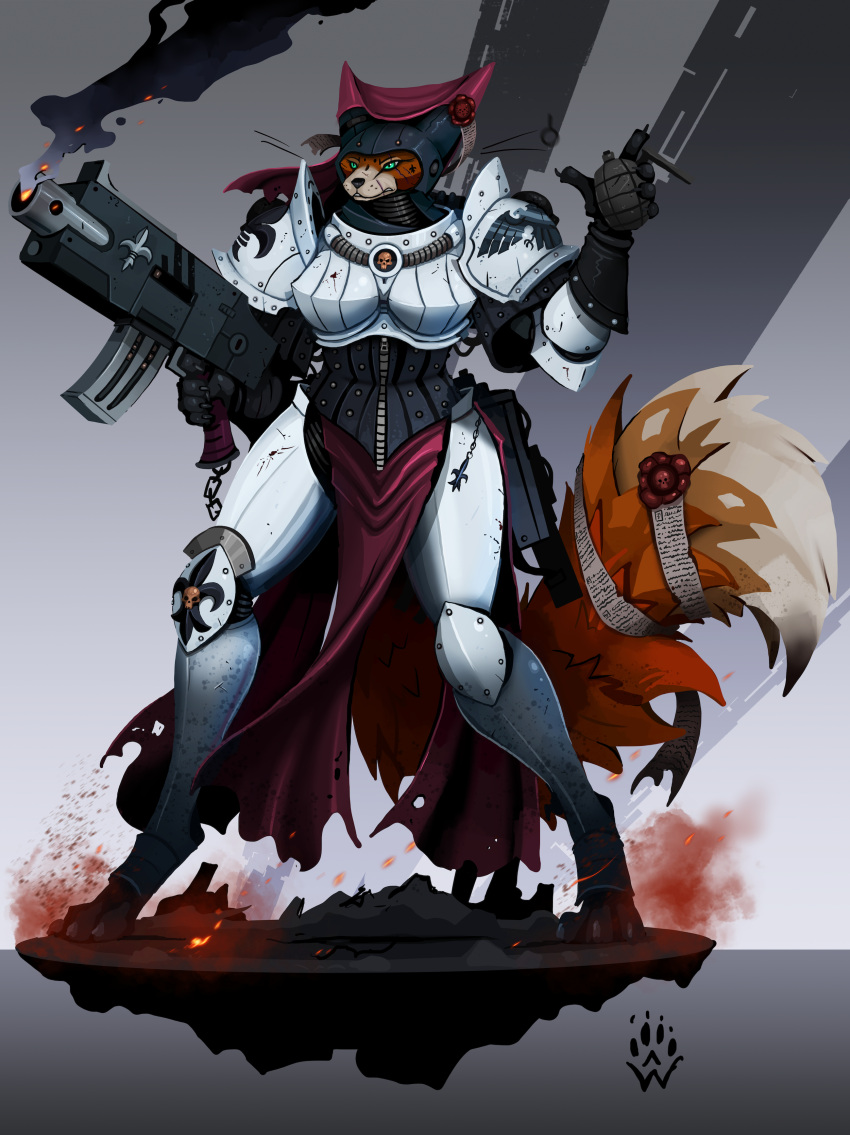 absurd_res anthro armor bolter boob_armor canid canine clothing corset disney explosives facial_scar female floofy_tail fox green_eyes grenade hi_res holding_object holding_weapon lingerie maid_marian mammal purity_seal robin_hood_(disney) scar sister_of_battle smoke solo topwear warhammer_(franchise) warhammer_40000 weapon wolfdawg